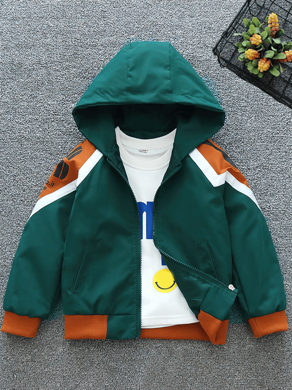 Sporty Color-Block Hooded Jacket with Zipper - SF3564 for kids in green, orange, and white panels with a stylish design on display.
